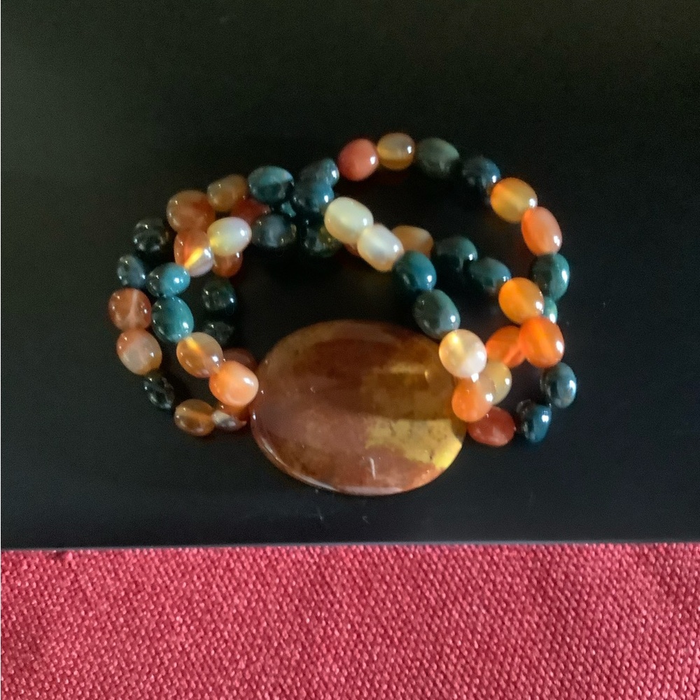 Multicolor Beaded Stretch Bracelet with Oval Stone Accent